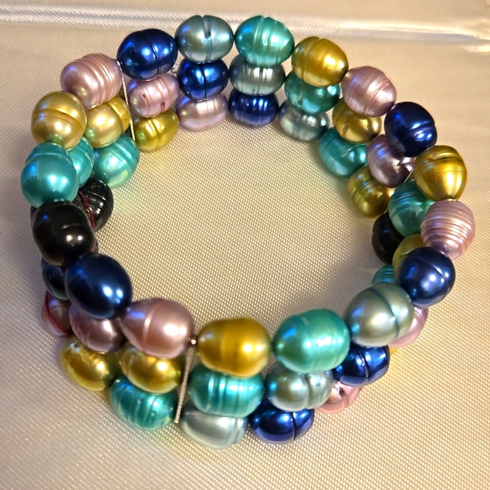 Honora cultured pearl 3 strand stretch bracelet sterling silver spacers.